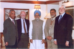 Influential support is always welcomed. Members of the team (Bindra Thusu, Alan Smith, Ghulam Bhat, Jonathan Craig from left) meet the Indian Prime Minister Manmohan Singh and presenting him with a set of educational material